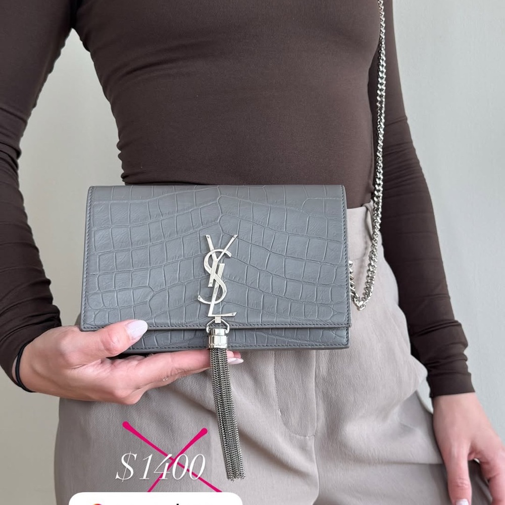 Yves Saint Laurent Gray Croc-Embossed Chain Bag